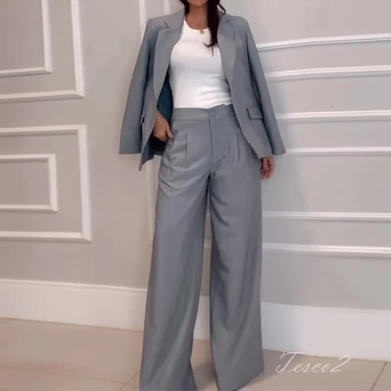 Tesco Casual Blazer And Pants For Women Suit Sets Gray Loose Pantsuit For Office Work Fashion Wide Leg Pants 2 Piece Outfits