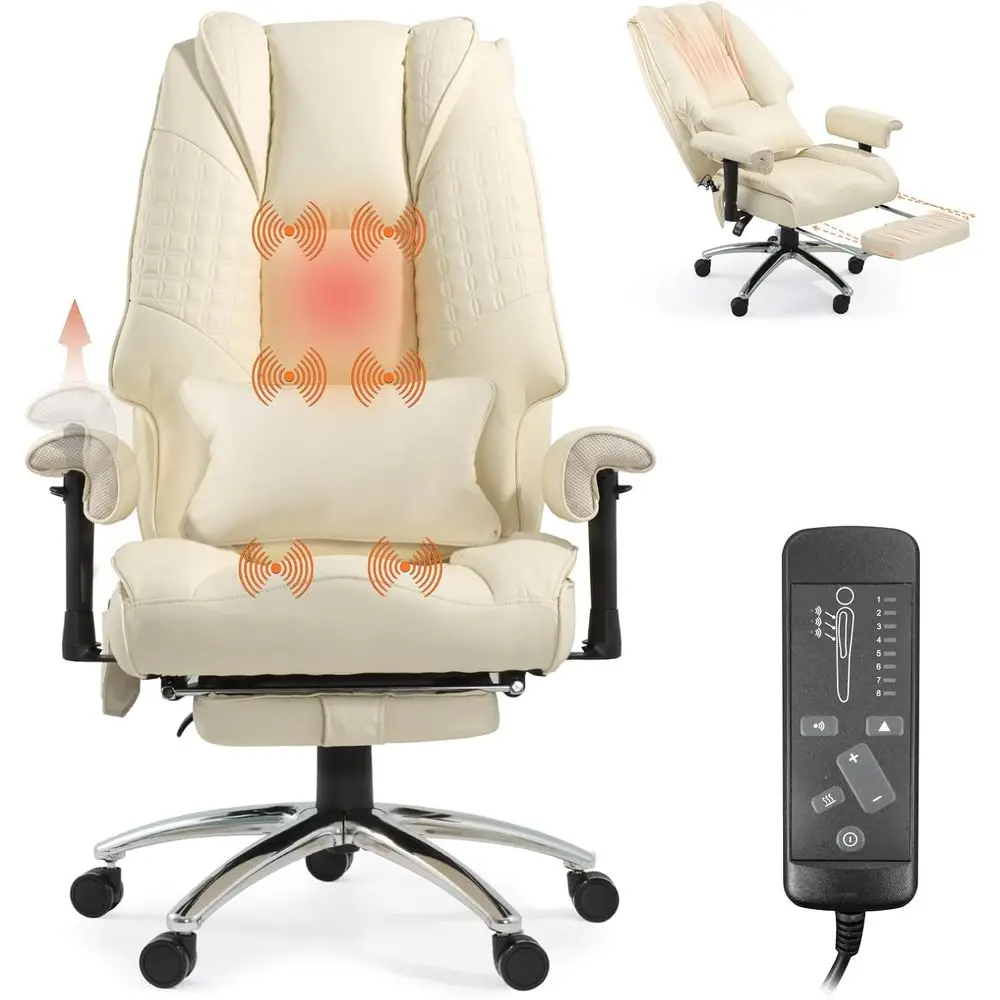 

Ergonomic Reclining High-Back Leather Chair with Footrest, Adjustable Arms, Lumbar Support for Home or Office, Beige