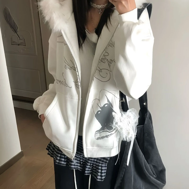 الأمريكية خمر طويلة الأكمام مقنعين فو الفراء المرأة عادية طباعة Kawaii Y2K ريترو الشارع الشهير ثقافة فرعية Harajuku الخريف القمم #6