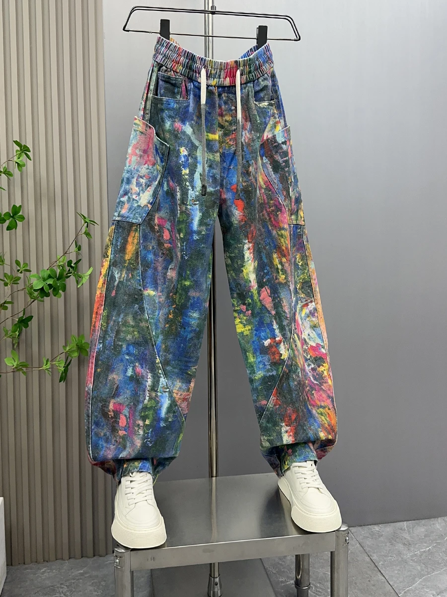 

Американские рабочие брюки Sle Street Art Splatter Paint, мужские повседневные брюки, весна 2025, Новое поступление, широкие брюки Harajuku Sle