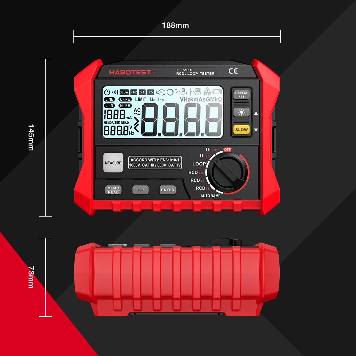 HABOTEST HT5910 Misuratore di resistenza Tester per interruttori di dispersione LCD Ohmmetro digitale RCD Loop 1000 Archiviazione dati Voltmetro Megohmmetro