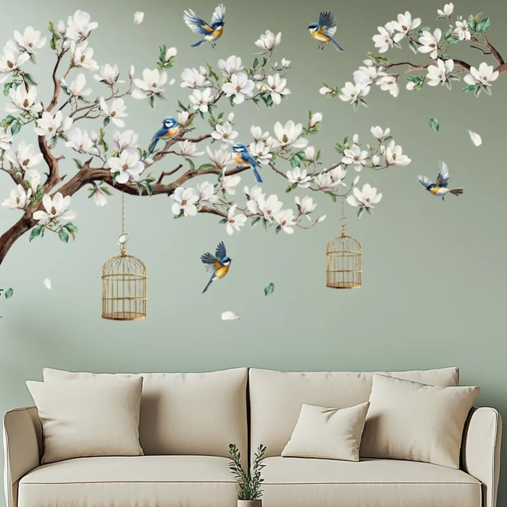 

Magnolia Bird Wall Decals Tree Flowers Wall Sticker White Flower Decoration Magnolia Home Decor for Bedroom Living Room TV