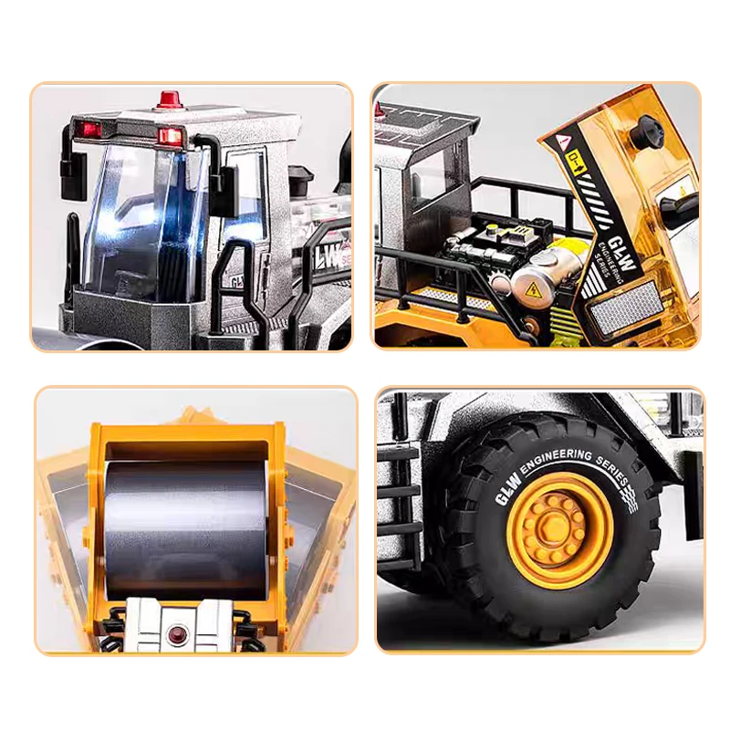 1:40 Road Roller Model Alloy Diecast Engineering Construction Play Vehicles Sound Light Pull Back Collections Toy For Children