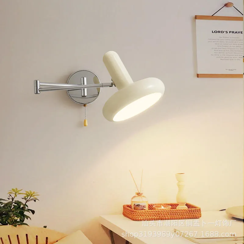 

Bauhaus White Swing Arm Adjustable Wall Lamp Bedroom Bedside Living Room LED Lights Retractable Hardwired Study Reading Sconce