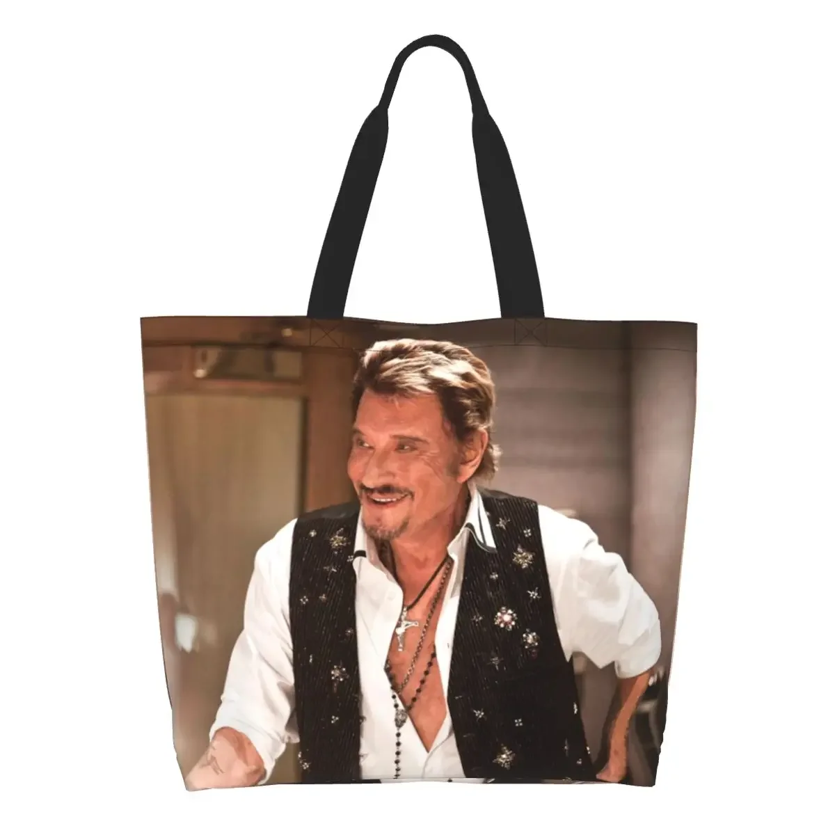 Funny Print Johnny Hallyday Singer Tote Shopping Bag Recycling Canvas Shoulder Shopper French Rock Music Handbag