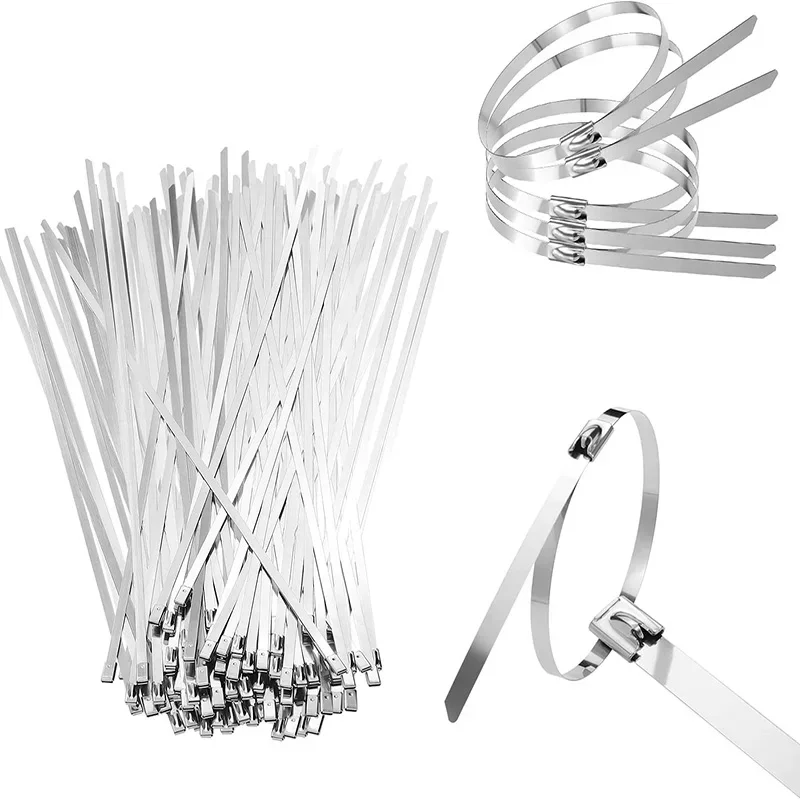 100PCS Stainless Steel Cable Ties, Self-locking High Temperature Resistant Metal Cable Ties, Buckle Type Wire-wound Locking Tool