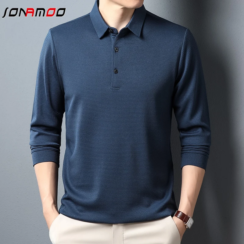 Men\'s Business Casual Polo Long Sleeve T-shirt Summer Comfortable Solid Cotton Top