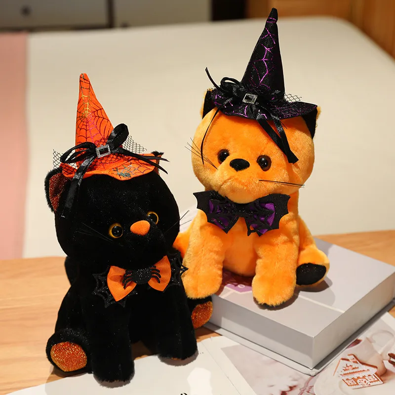 

2025 Halloween Style Black Orange Cat Plush Toy Cute Kitten Doll Stuffed Pillow Happy Halloween Party Decor Gifts Trick or Treat