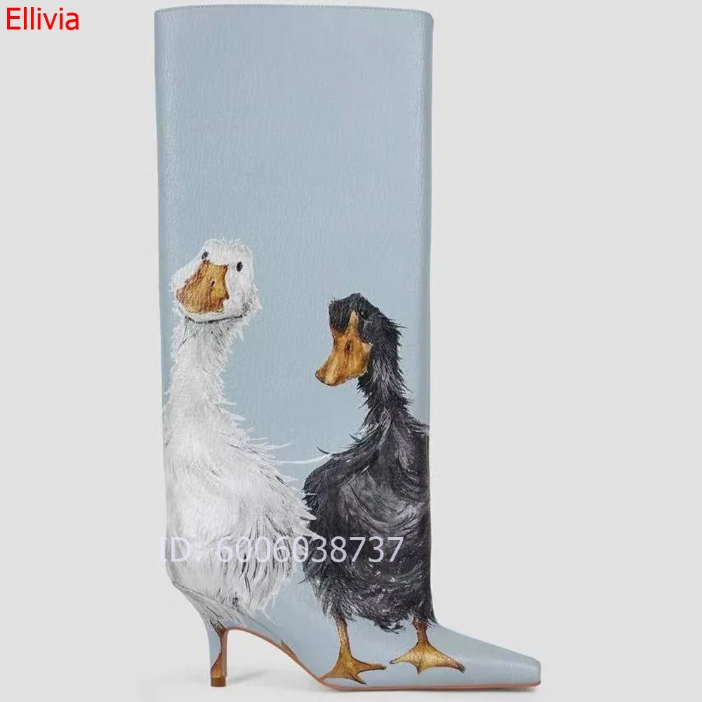 Women Light Blue Knee High Boots Leather Duck Goose Animal Print Pointed Toe Stiletto High Heel Fashion Ladies Party Tall Boots image 6