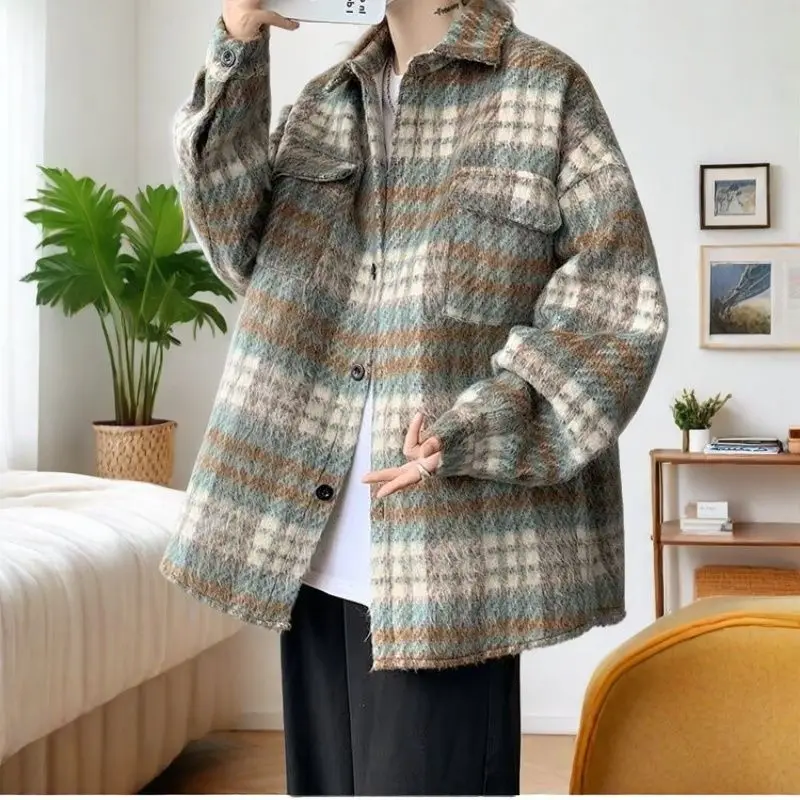 

Мужской ленивый корейский модный свободный шерстяной топ в клетку, весенне-осенний верхняя одежда Salt System, длинный све