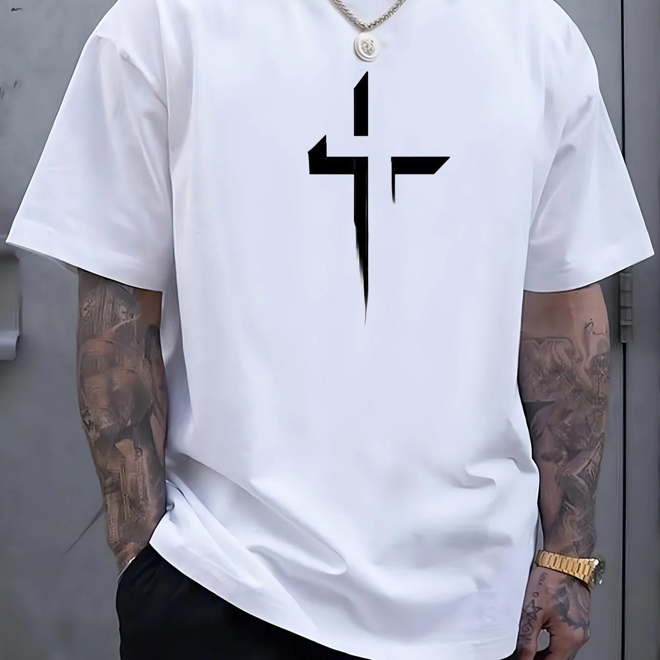 Men's Summer 100% Cotton Printed Casual Loose-Weave Creative Print Sports Comfort Round-neck Short-Sleeve T-shirt