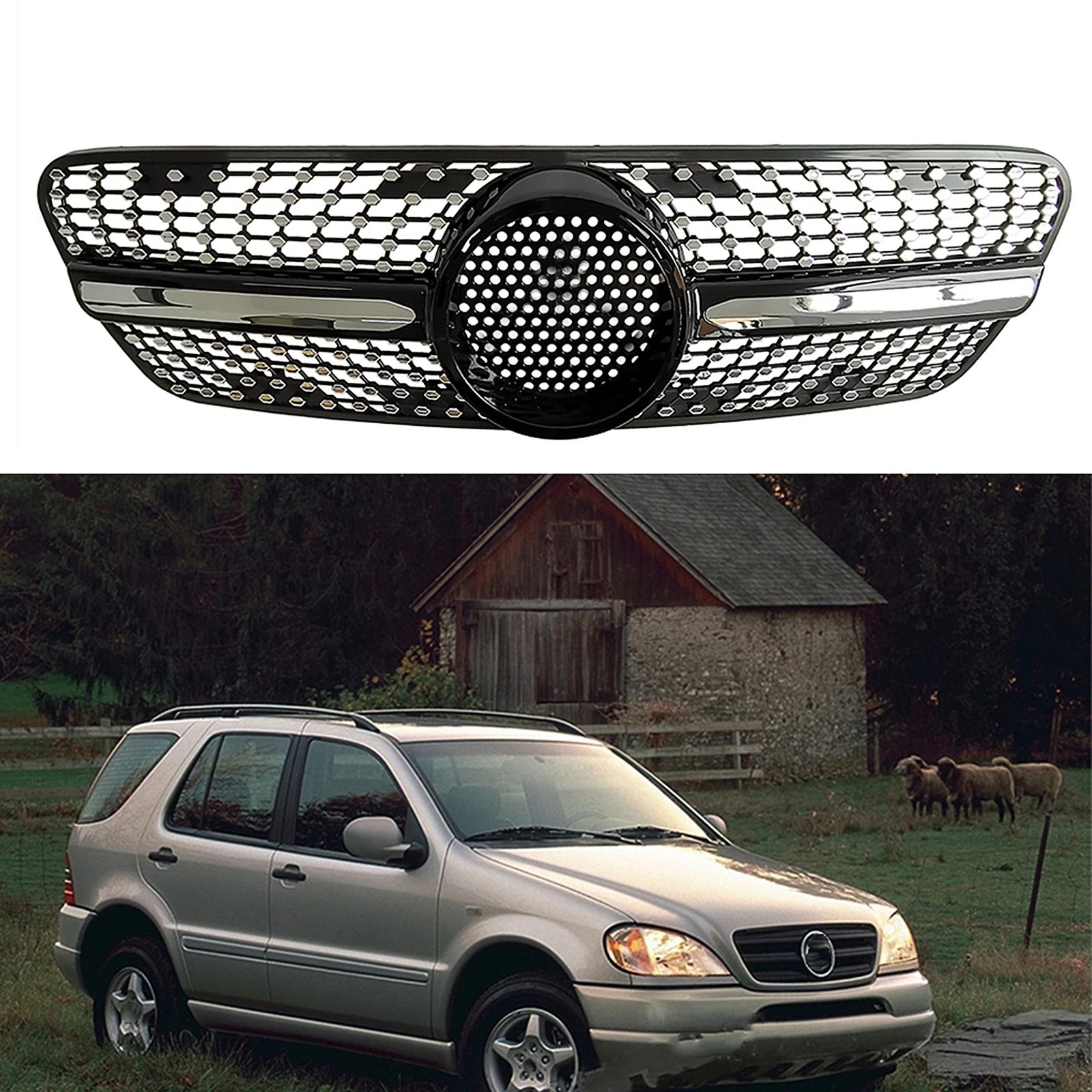 Front Grille Racing Grill Grid For 1999-2004 Mercedes Benz W163 ML Class ML250 ML300 ML320 ML350 ML500 Upper Bumper Hood Mesh