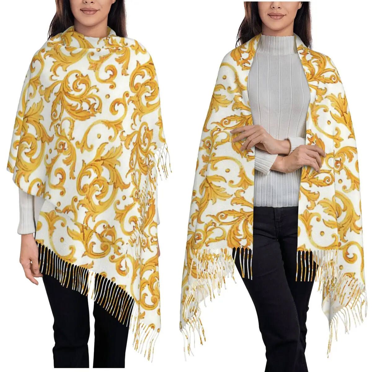 

Акварельный золотой узор в стиле барокко, шарф с орнаментом в стиле рококо, шарфы с кисточками для женщин, шали и накидки, длинная осенне-зимняя шаль