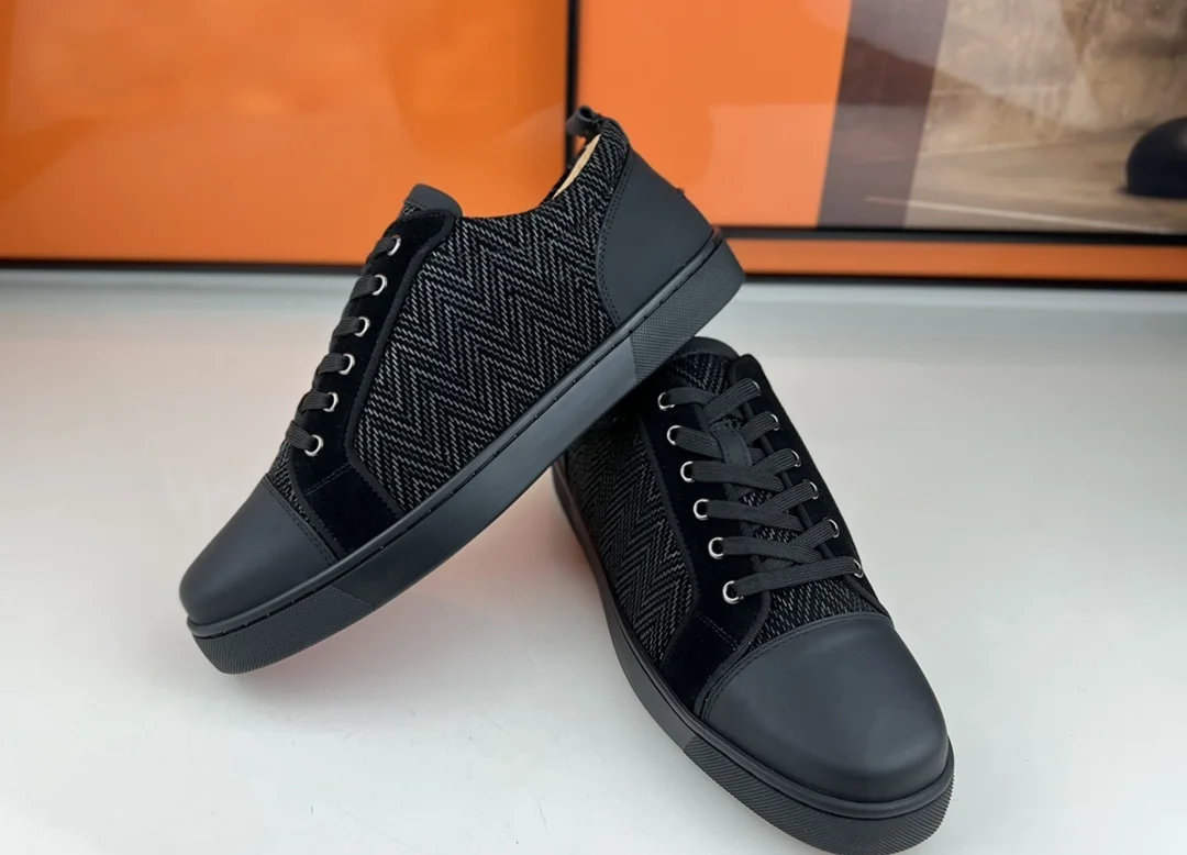 Men's Low Top Black Weave Leather Sneakers Lace Up Rivet Loafers Red Bottom Footwear Daily Casual Walking Boat Shoes SIZE 47