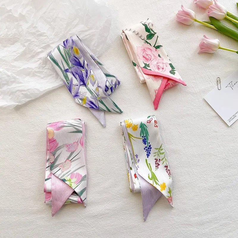 

Double-sided Small Silk Scarf Women's Headband Tied Hair Streamer Rose Pink Long Strip Decorative Scarf