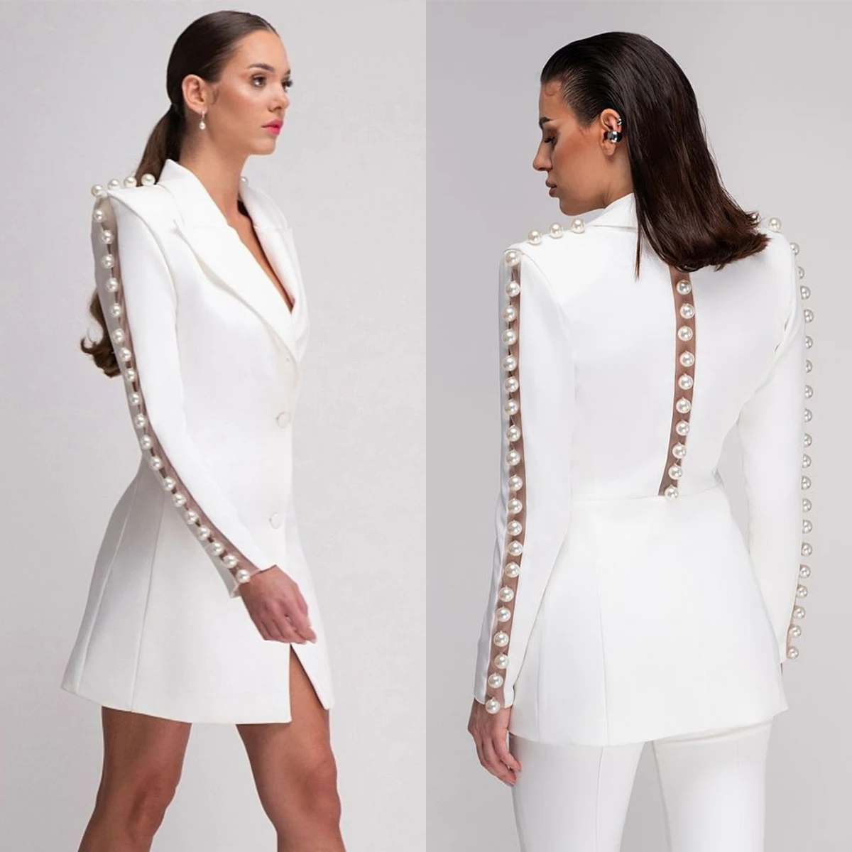 

Tailored 2 Pcs Women Suits Blazer Pants Loose Peak Lapel Single Breasted Beading Pearls Stylish Business Office Women Customized