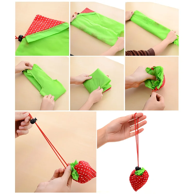 10pcs Strawberry Foldable Tote Bags with Floral Star Design Large Capacity Reusable Polyester Shopping Bags for Outdoor Travel