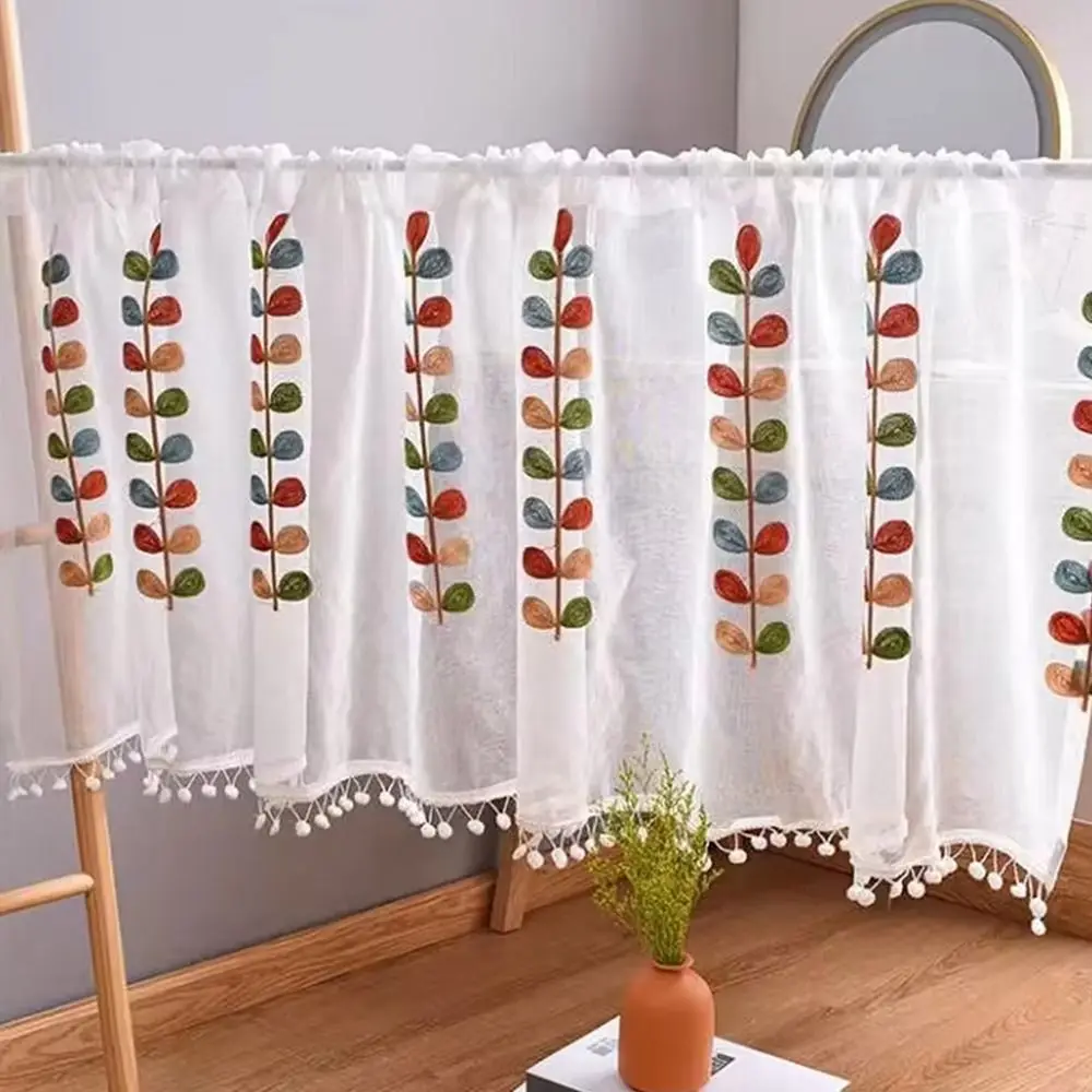 Four Color Branch Embroidered Semi Sheer Curtain Kitchen Balcony Curtains Room Divider Half Window Sheer Curtains