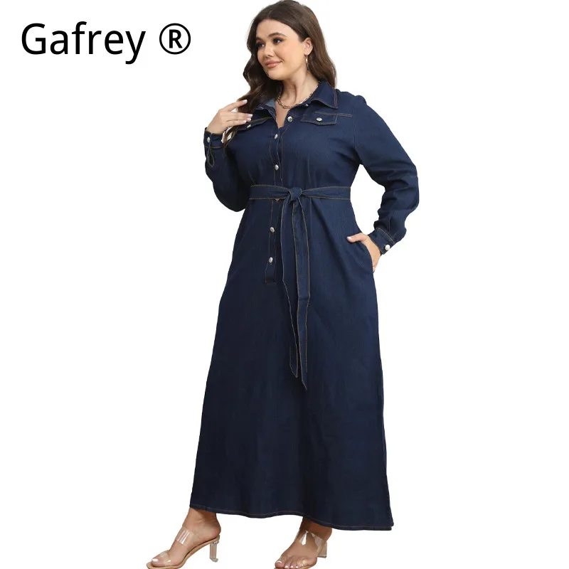 3XL 4XL 5XL Plus Size Women Denim Shirt Dress Lapel Collar Button Down Long Sleeve Winter Warm Casual Vintage Midi Dress Outfit - view 3