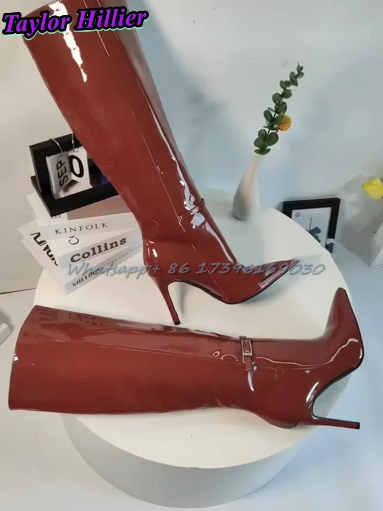 البني براءات الاختراع والجلود الأحذية النمط البريطاني بوتاس أشار تو الكعوب خنجر حجم كبير الركبة عالية مشبك طويل جودة عالية حجم 47 #6