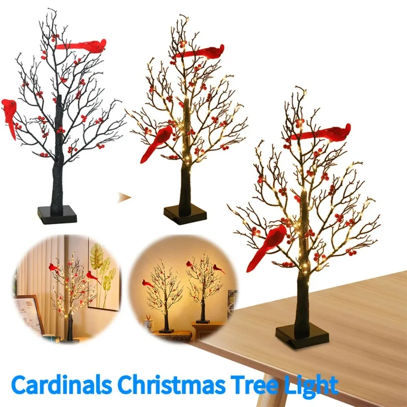 

1pc Lighted Mini Birch Tree Light LED Cardinals Christmas Tree Vintage Glowing Tree Light for Table Holiday Home Xmas Decoration