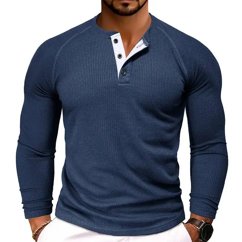 

European American Autumn Winter Men's Round Neck Long-Sleeved Casual Henley Bottoming T-Shirt POIO Shirt
