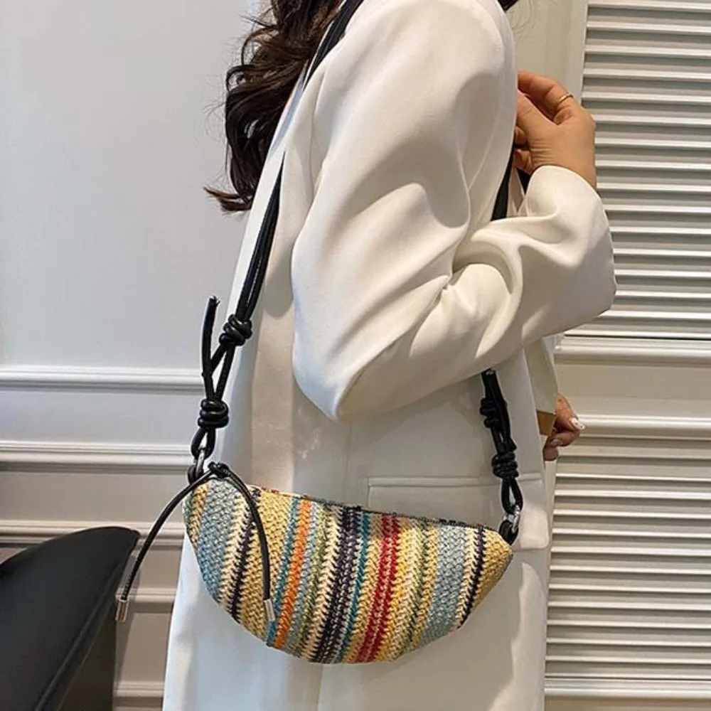 

Large Capacity Straw Woven Shoulder Bag Leather Multicolor Straw Dumpling Bag Small Pouch Lightweight Seaside Beach Handbag