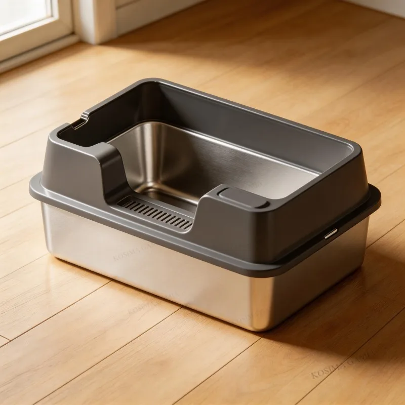 

Лоток для кошачьего туалета из нержавеющей стали с крышкой и совком для больших кошек, XL, металлический, с высокими бортиками, нелипкий