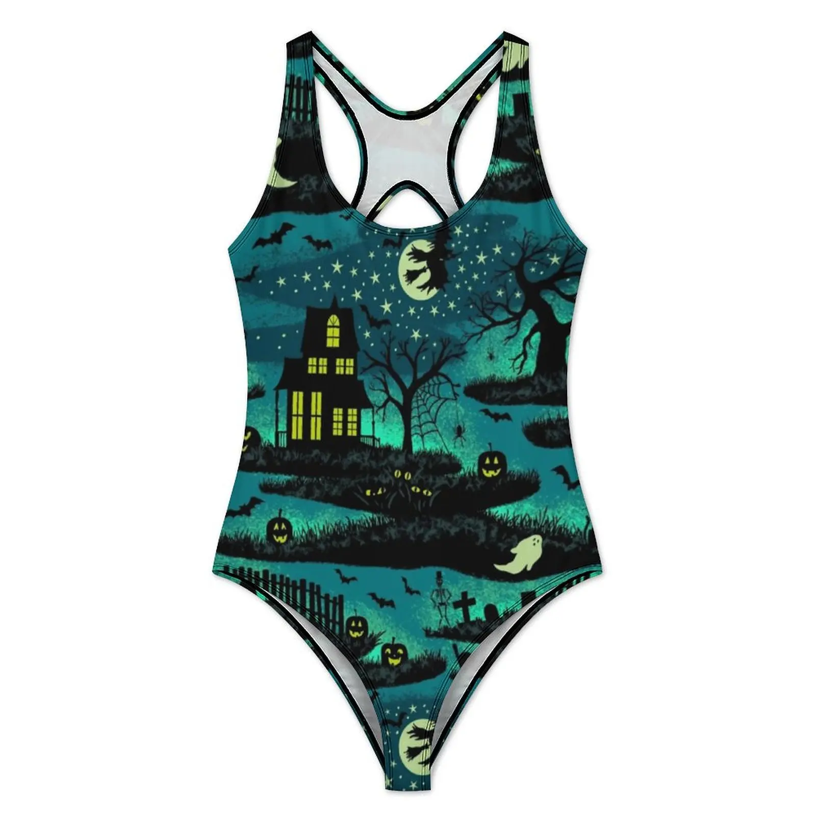 Black Cat Swimsuit Magical Halloween Night Swimwear One-Piece Surfing Bodysuit Hollow Out Monokini Female Push Up Sexy Beachwear