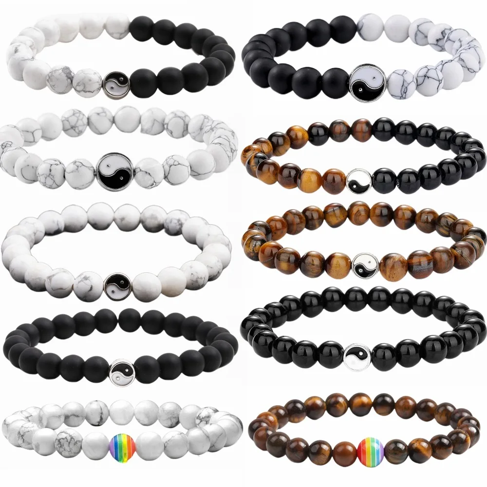 JD جديد المسافة سوار كلاسيكي الحجر الطبيعي الأبيض والأسود يين يانغ مطرز أساور للرجال النساء أفضل صديق التوازن هدية #2