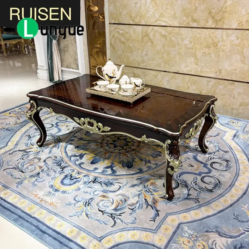 French European Luxury Carved Rectangular Natural Wood Veneer Solid Wood Coffee Table For Living Room Home Furniture