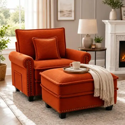 42-inch Nailhead Trim Sofa with Ottoman, Modern Corduroy Small Couch with Rolled Arms, Single Sofa Chaise Lounge for
