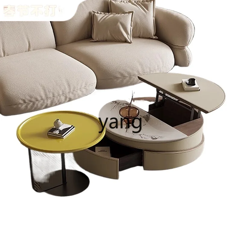 

YJQ microcrystalline stone lifting coffee table small apartment household modern round saddle leather combination coffee table