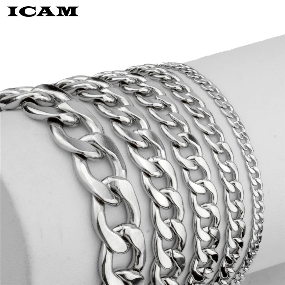 ICAM Womens Mens Bracelet Stainless Steel Curb Cuban Silver Color Bracelet for Men 3-11mm Wholesale Fashion Jewelry