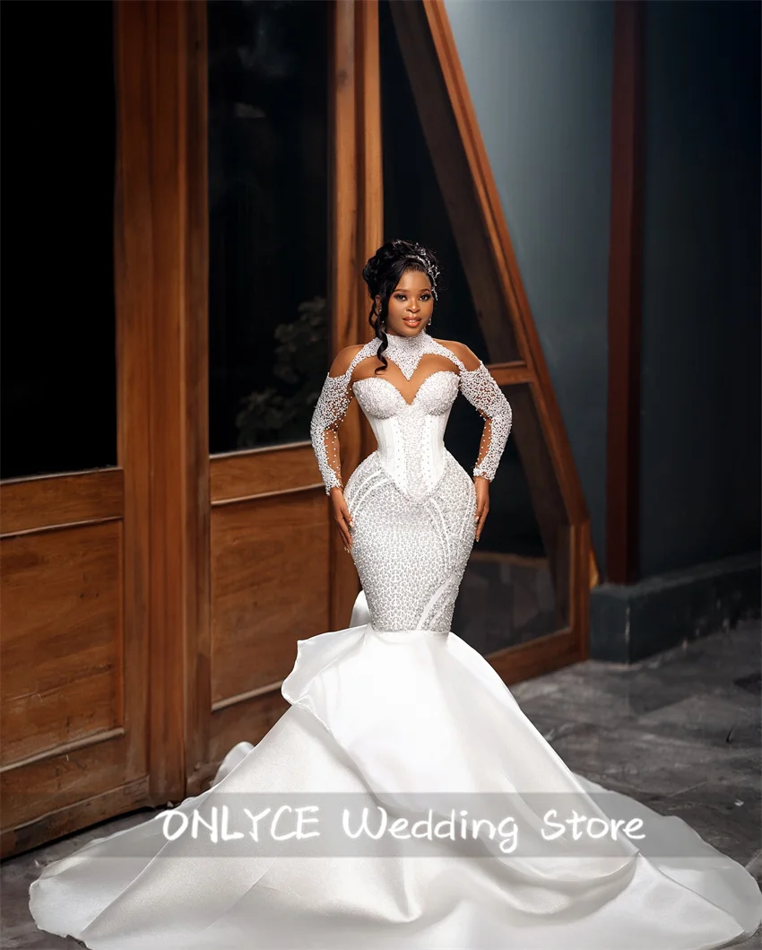 

Elegant Satin Mermaid Wedding Dresses O-Neck Long Sleeves Beading Pearls Crystal Bridal Gowns Robe De Mariee Vestidos