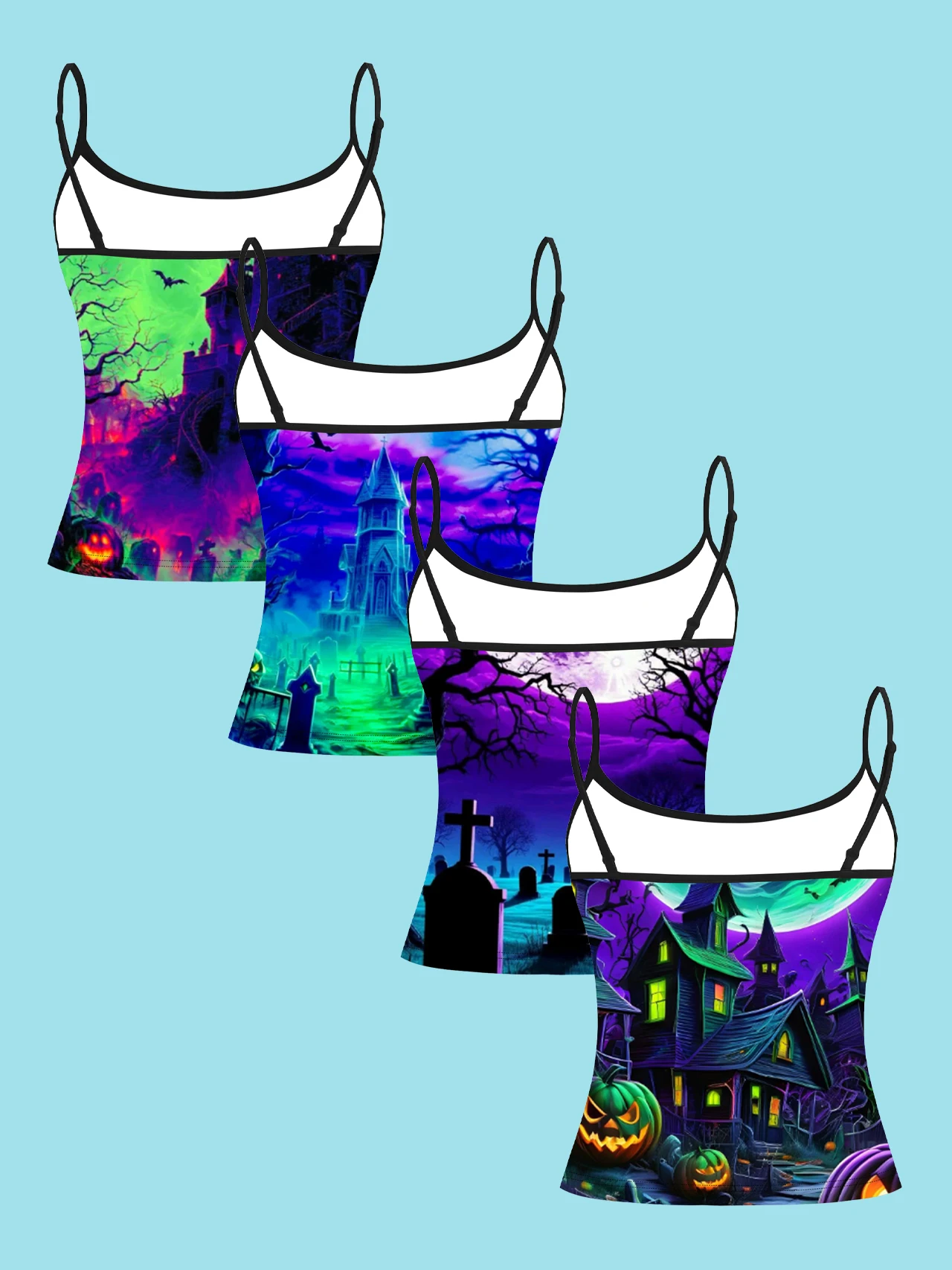 4-Pack of Neon Colorful Halloween Castle and Cemetery Print Camisoles for Women, Dark Gothic Spaghetti Strap Slim-Fit Inner Tops