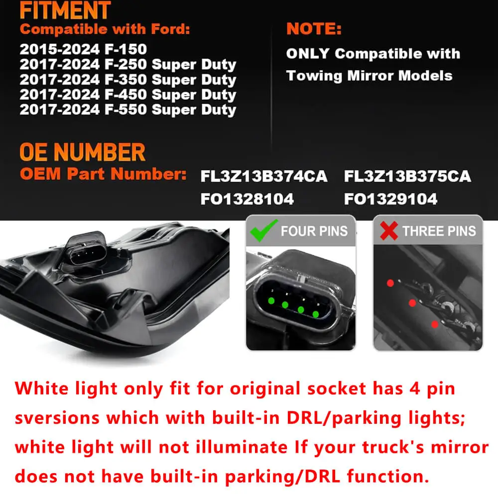 4 Pin LED Side Rearview Mirror Turn Signal Light Lamp for Ford F150 2015-2024 & 2017-2024 Ford F250 F350 F450 F550 Super Duty
