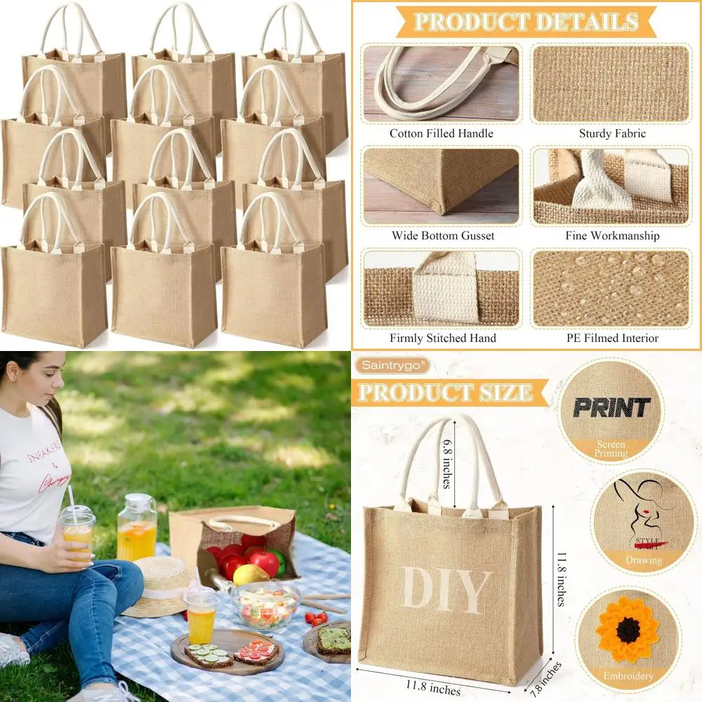 

Набор из 12 экологичных джутовых сумок-тоут, многоразовые, для подружек невесты, свадьбы или покупок, 12x12x7,7 дюймов.