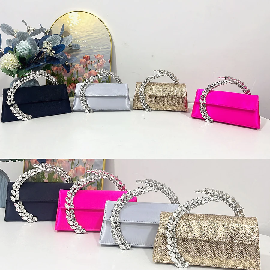 Luxury Rhinestone Evening Clutch Diamond Handle Handbags Satin Shoulder Bags Party Wedding Purses Lady Chains Small Square Bags