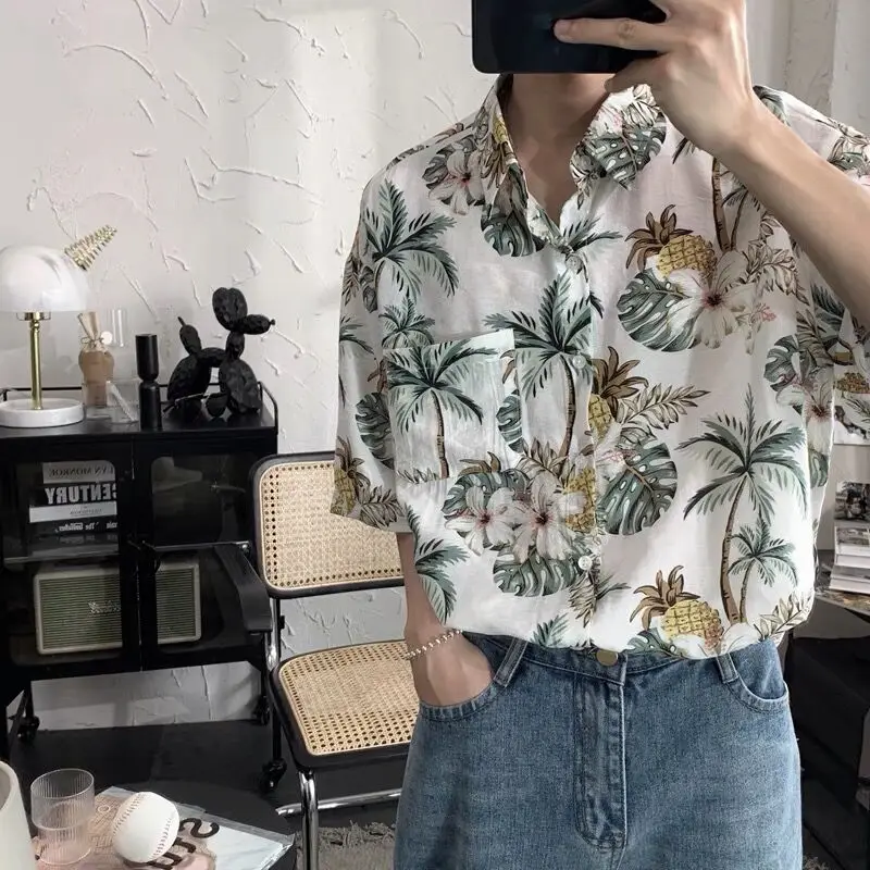 Men's Holiday Casual Short Sleeve Aloha Hawaiian Shirt Short Sleeve Palm Tree Printed Tropical Aloha Blue Shirts Camisa Hawaiana