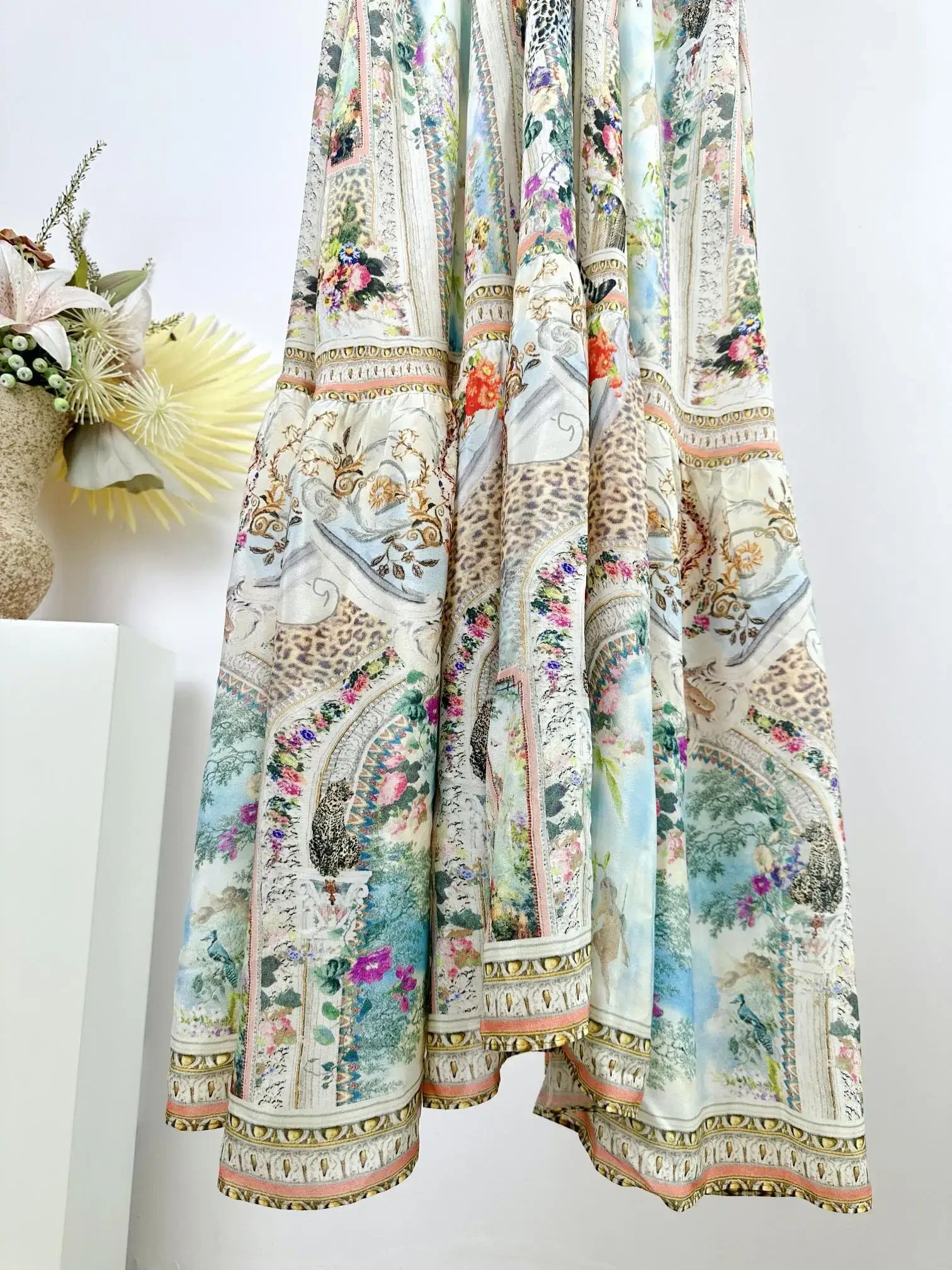 InjRobe-Robe longue à col en V pour femme, imprimé floral et animal, perlé, demi-manches, taille haute, rétro, dames, 100%