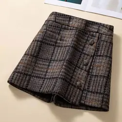 Autumn Winter Fashionable Buttons High Waist Shorts Ladies Fashion All-match Irregular Slim Wide Leg Pants Women Plaid Pants