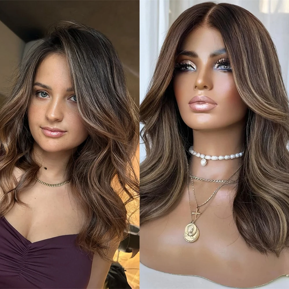 

Brown Blonde Highlights Lace Front Wig Realistic 13x4 Pre Plucked Synthetic Futura Daily Use Shoulder Wave Wigs Glueless Wig