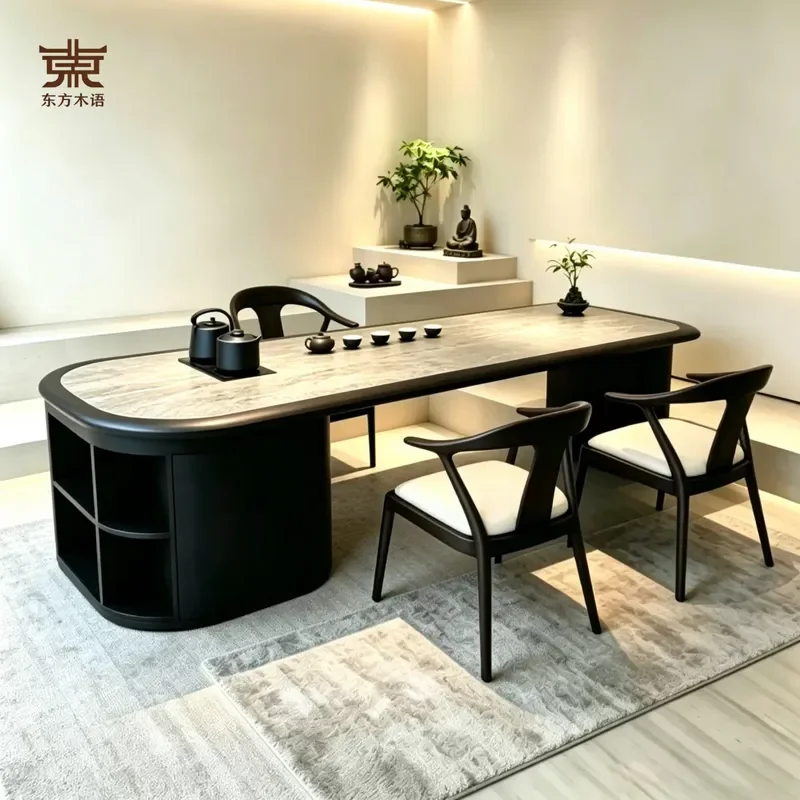 New Chinese Rock Slab Solid Wood Tea Table Oval Storage Office Tenon Mortise Simple Design 2026