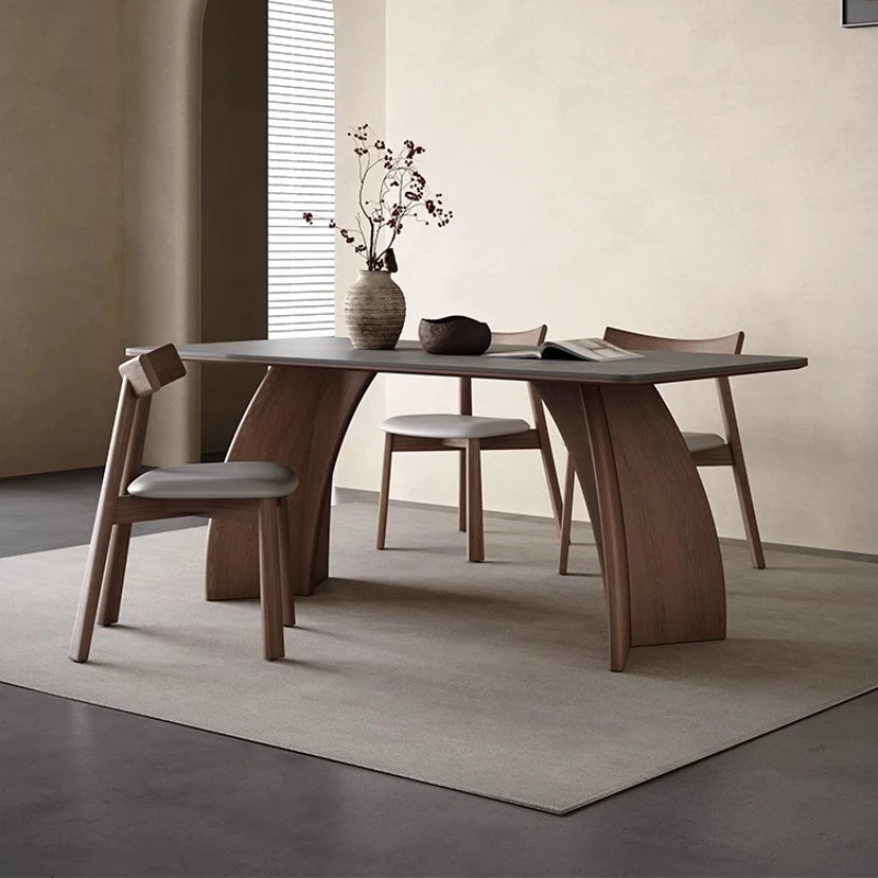 Massivholz-Esstisch aus Felsplatte, moderner, einfacher Esstisch aus Walnussholz, italienischer, minimalistischer, grauer, rechteckiger Steinmöbel für den Haushalt