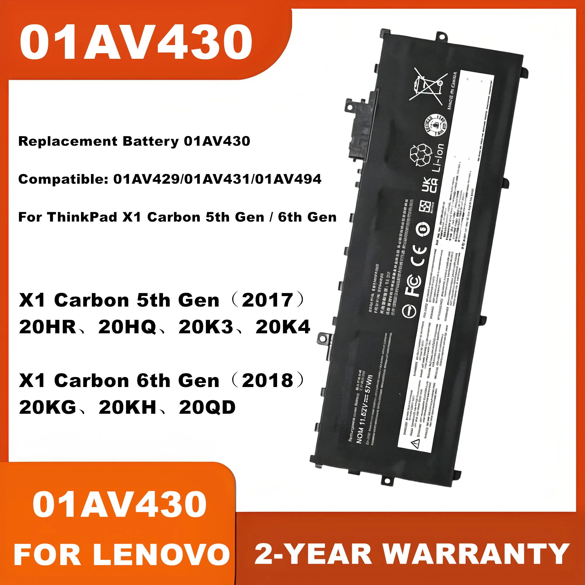 Laptop Battery For Lenovo ThinkPad X1 Carbon 5th 6th Gen  X1 Carbon 2017 2018 G6 01AV494 01AV430 01AV431 01AV429 SB10K97586