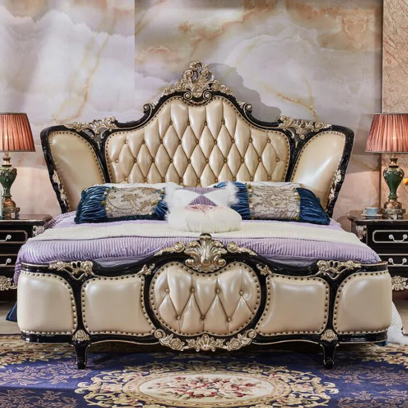 

European leather bed 1.8 meters queen bed all solid wood double oak villa luxury furniture ebony 2 meters queen