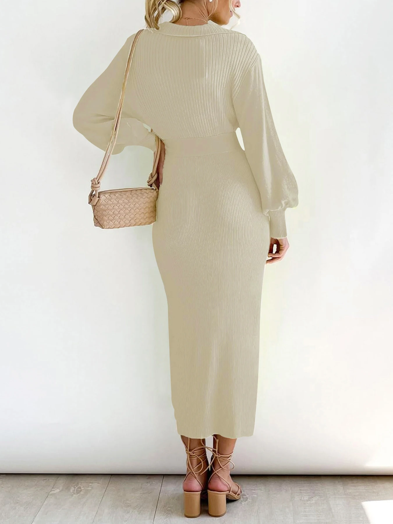 Women's WHITE Knitted Collared V Neck Lantern Sleeve Waist Tie Belt Bodycon Midi Dress Casual Party Autumn