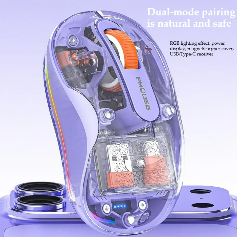 New Personalized Design Transparent Mute Button Type-C Rechargeable LED Light Mouse Wireless 2.4G Bluetooth Tri-mode Mouse