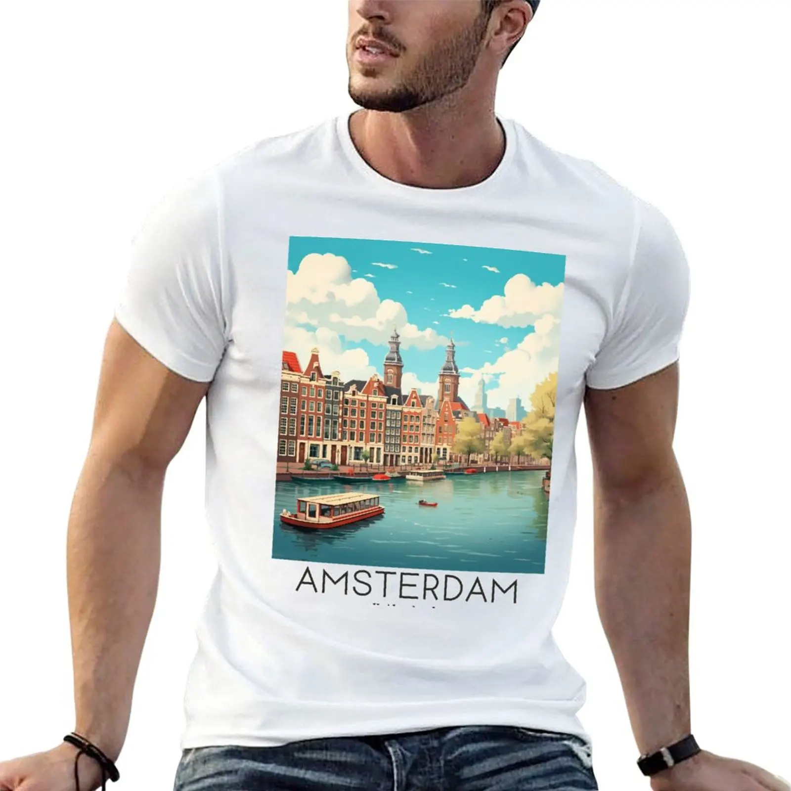 A Vintage Travel Illustration of Amsterdam - Netherlands T-Shirt korean fashion anime shirt t shirts for men